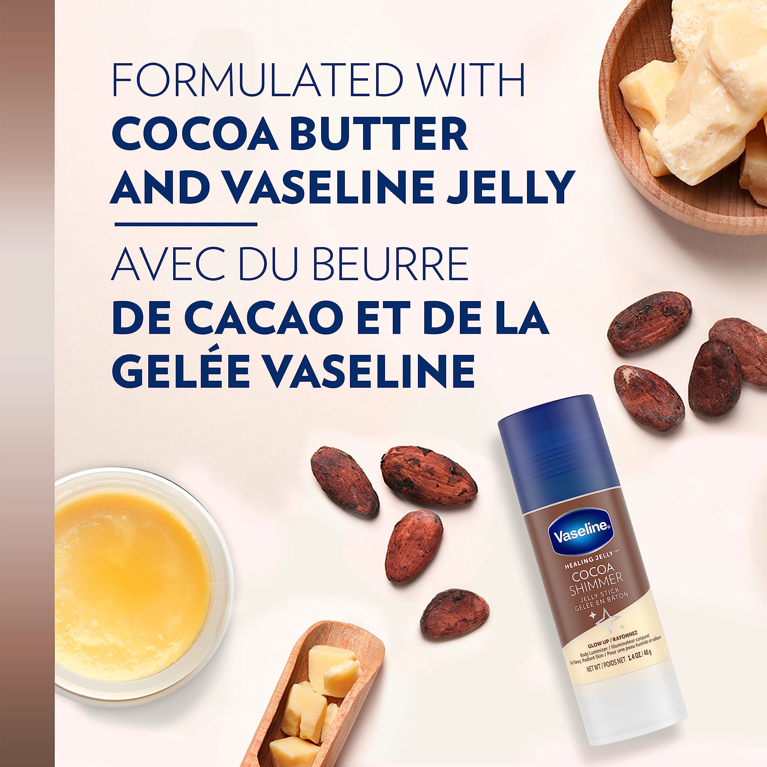 Vaseline Lotion Bundle, Cocoa Shimmer Jelly Stick Highlighter & Luminizer + All Over Body Balm Stick, Vaseline Cocoa Butter, Body Balm Skin Care Set, Petroleum Jelly for Dry Skin (4 Piece Set)